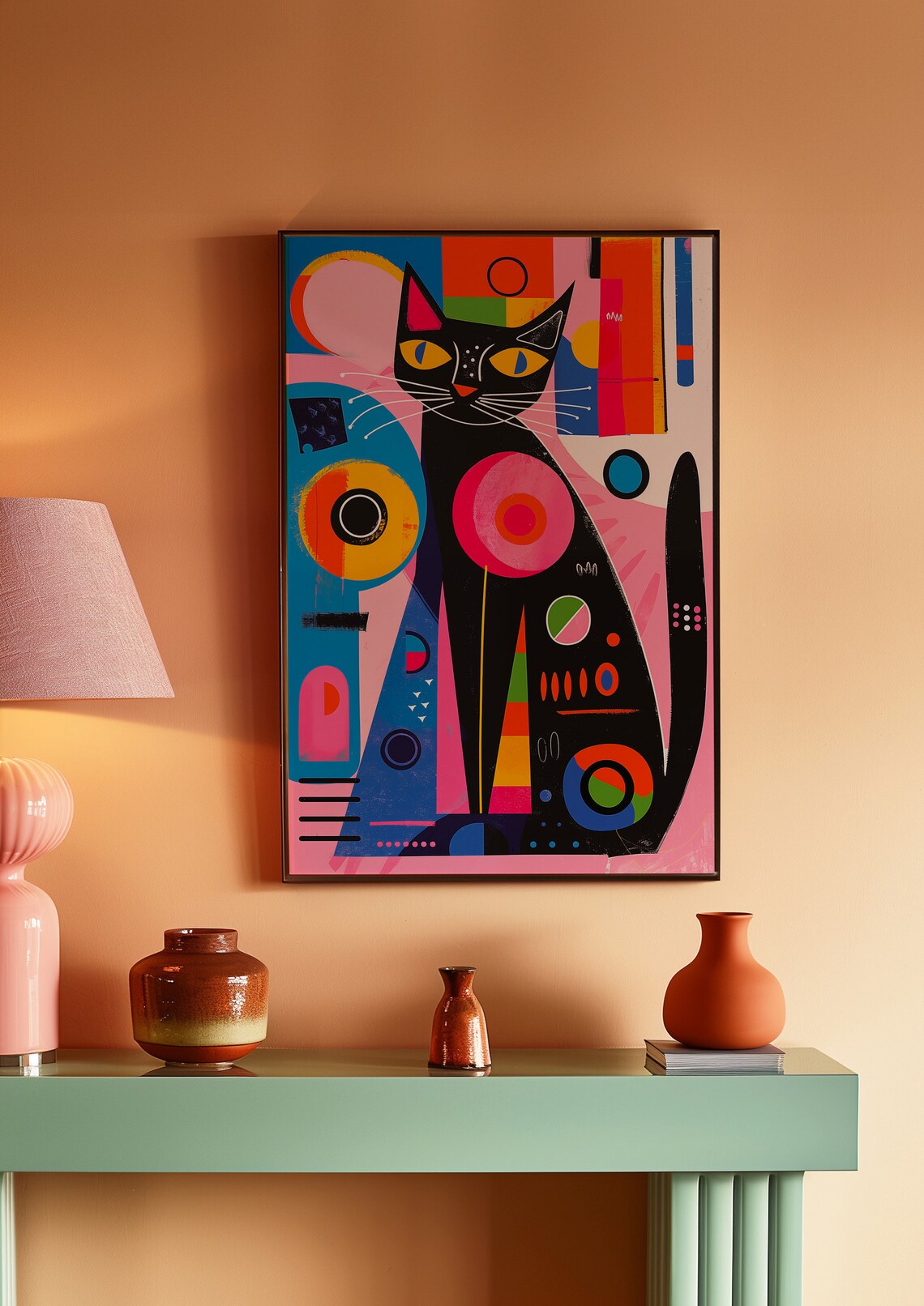 Black Cat Geometric Shapes Colorful Abstract Modern Art Poster - Image 2