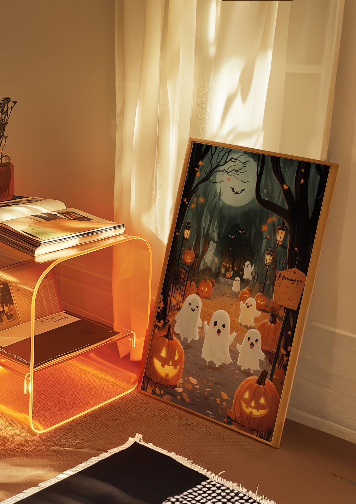 Cute Ghosts Halloween Night Pumpkin Path Moonlit Kids Art Poster - Image 3