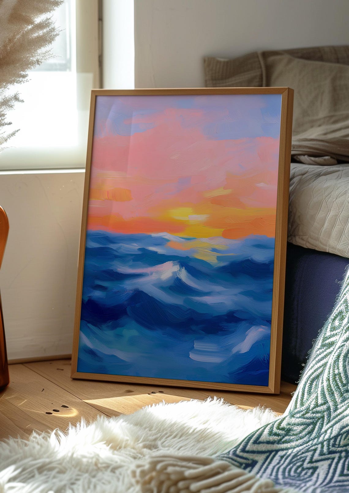 Ocean Waves Beneath a Pink and Orange Sunset Sky Panoramic Poster - Image 2