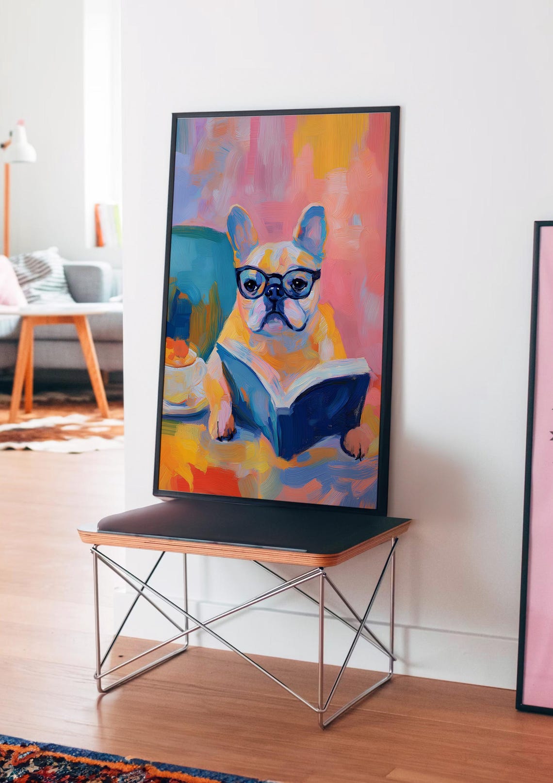 French Bulldog in Glasses Reading a Book with a Coffee Cup Poster - Image 4