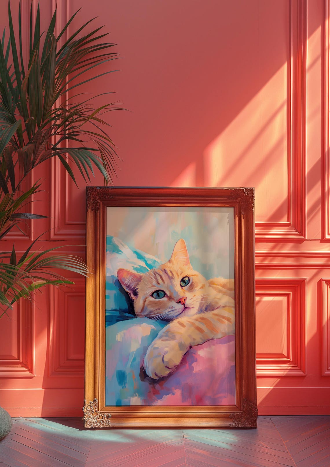 Ginger Cat Resting on Teal and Pink Cushions Painterly Poster - Image 2