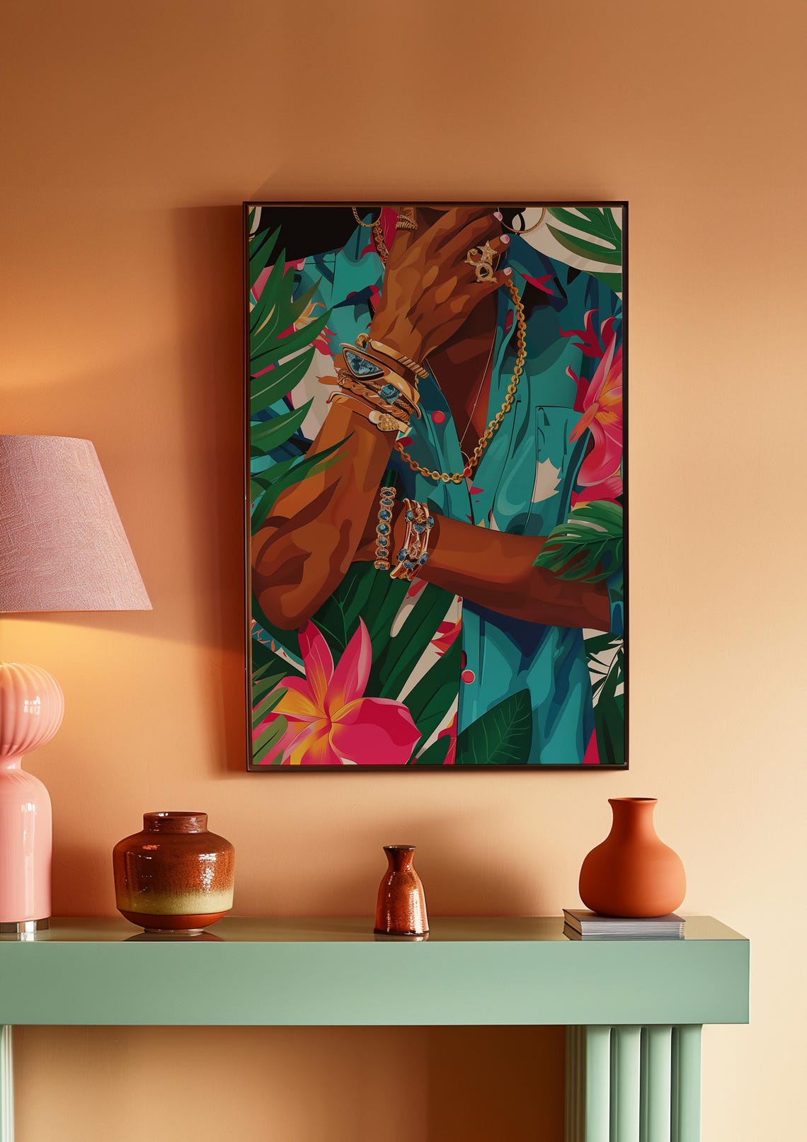 Gold Jewelry Hands Tropical Flowers Fashion Illustration Art Poster - Image 3