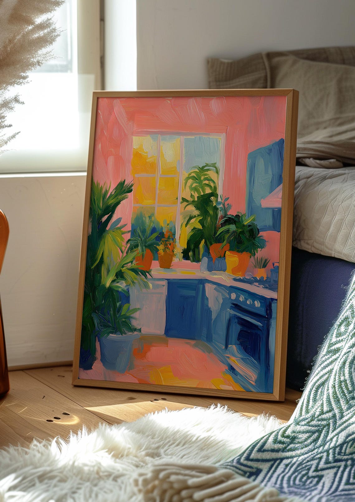 Colorful Pink and Blue Kitchen Interior with Potted Plants Poster - Image 2