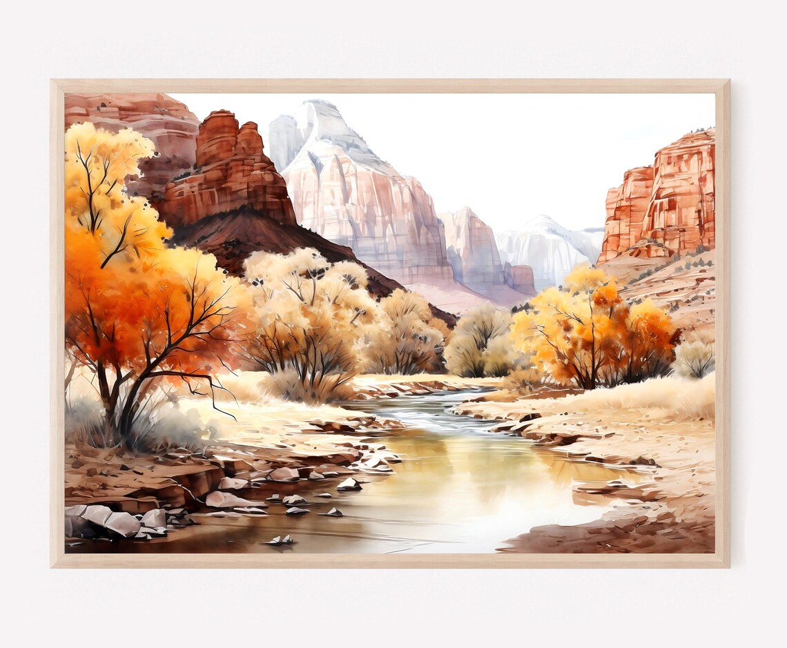 Red Rock Desert Canyon Autumn River Watercolor Landscape Poster