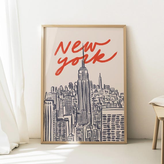 New York City Skyline Line Drawing With Red Script Travel Poster