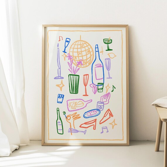 Disco Ball Wine Bottles And Cocktail Glasses Party Doodle Line Art Poster
