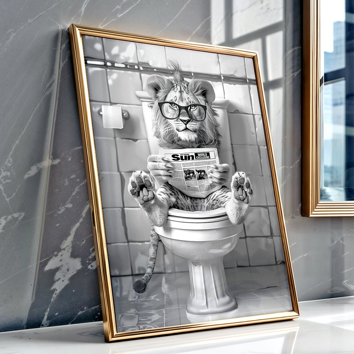 Lion Reading The Sun Newspaper on Toilet Funny Bathroom Poster - Image 2