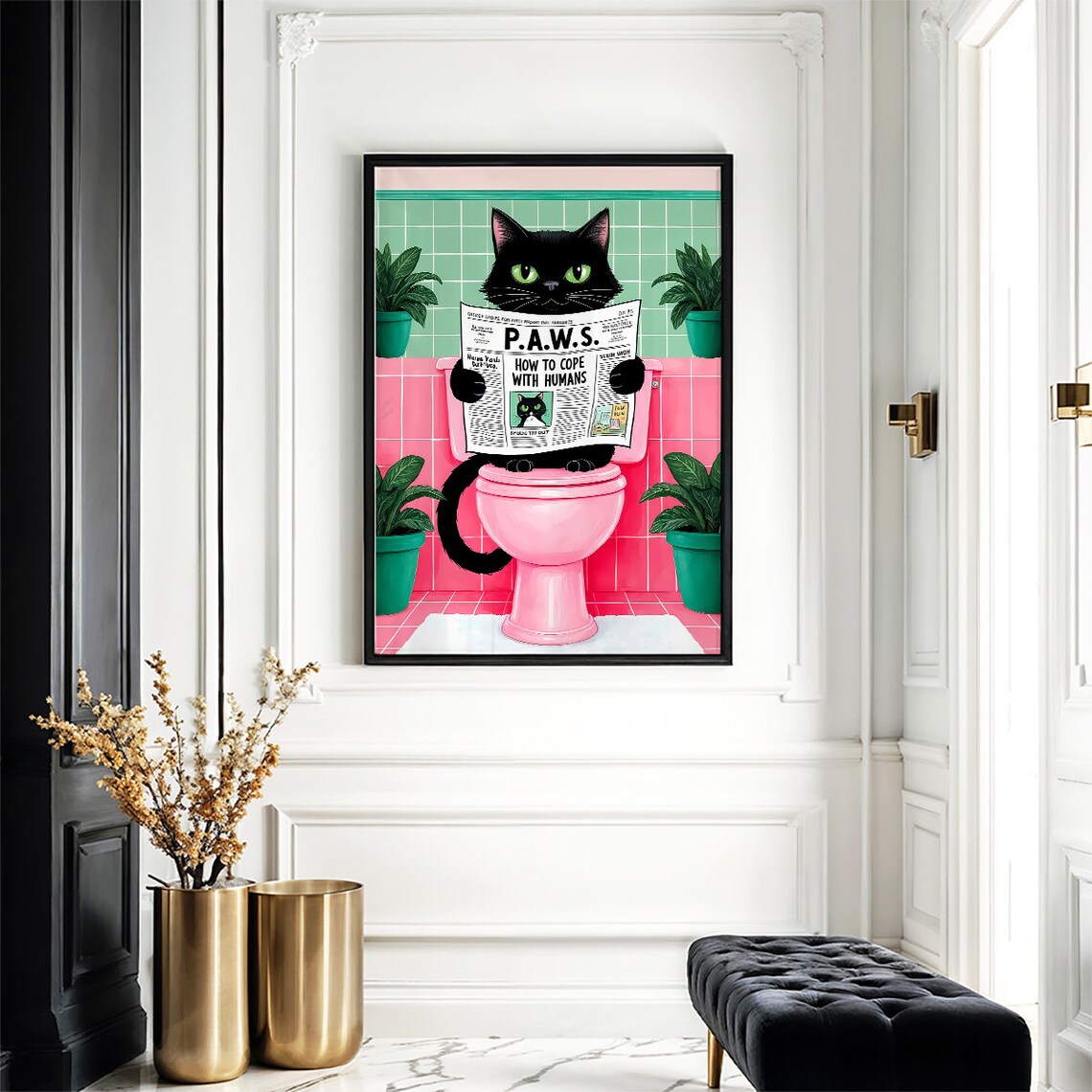 Black Cat Reading P.A.W.S. Newspaper on Pink Toilet Funny Poster - Image 3