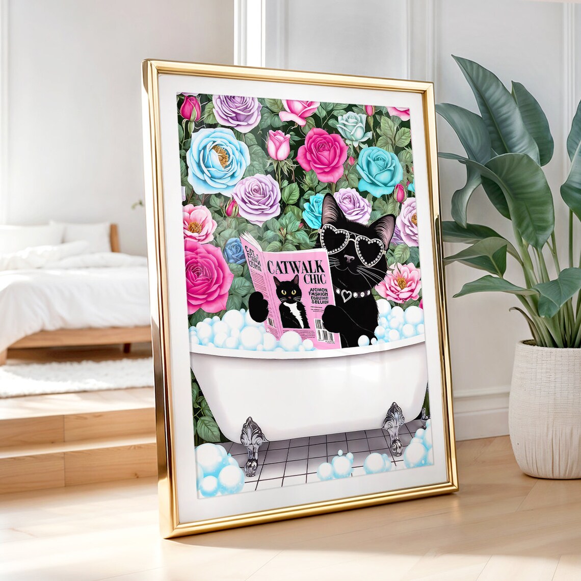 Black Cat Reading Catwalk Chic In Bubble Bath With Roses Poster - Image 5