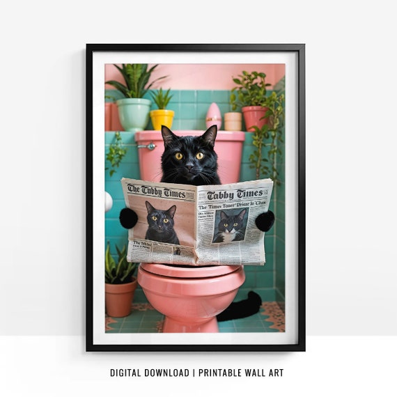 Black Cat on Toilet, Pink Preppy Bathroom Poster