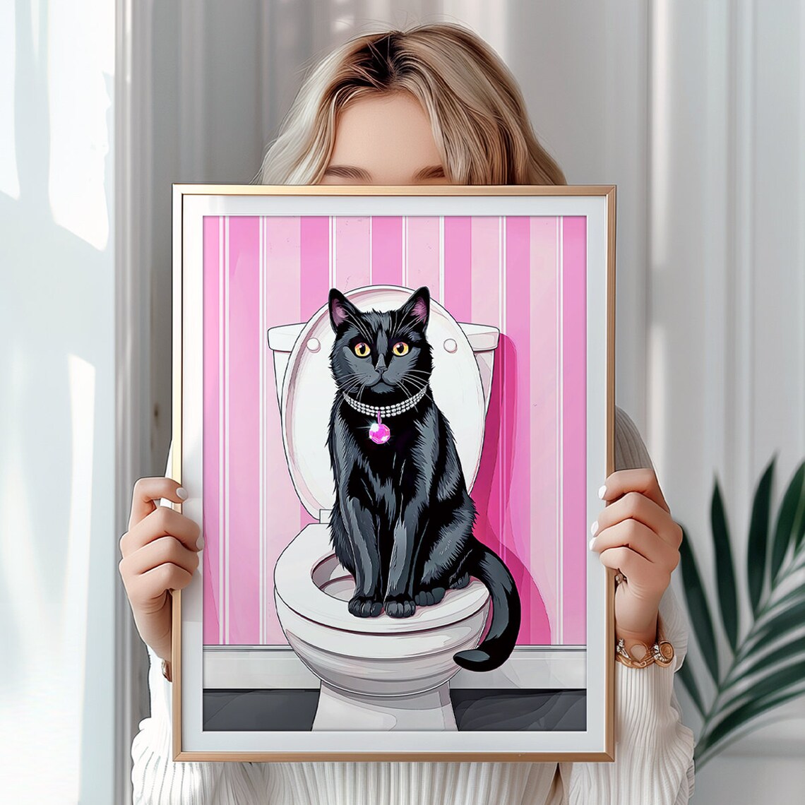 Black Cat in Pearl Necklace on Toilet Pink Glam Bathroom Poster - Image 4