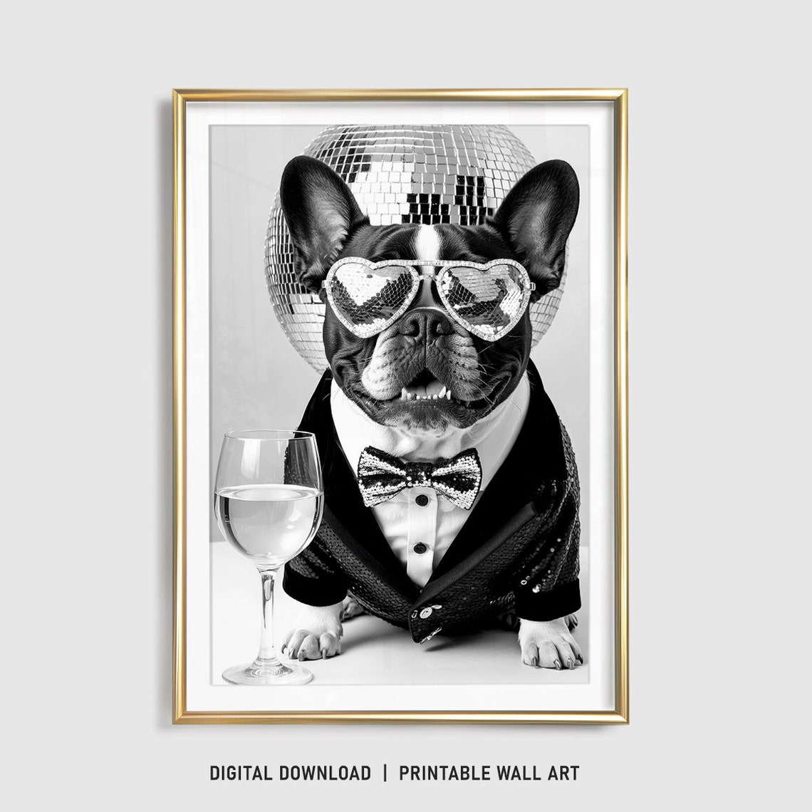 French Bulldog Wall Art Dog Drinking Wine Print Bulldog Poster Funny Dog Gift French Bulldog Gift Bar Cart Dog In A Tuxedo