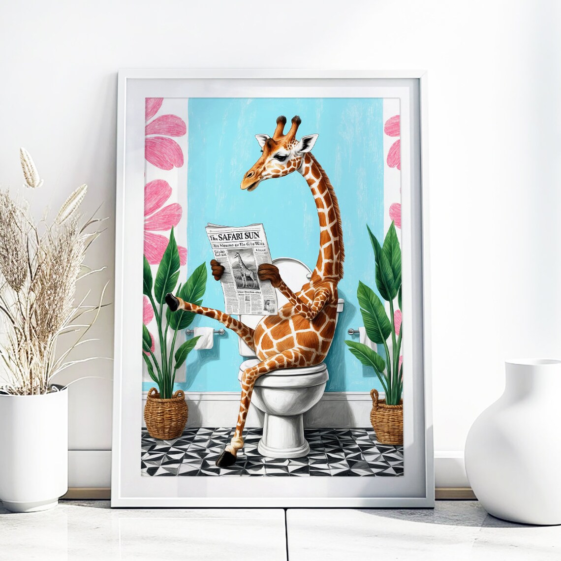 Giraffe Reading Safari Sun Newspaper Funny Bathroom Decor Poster - Image 3