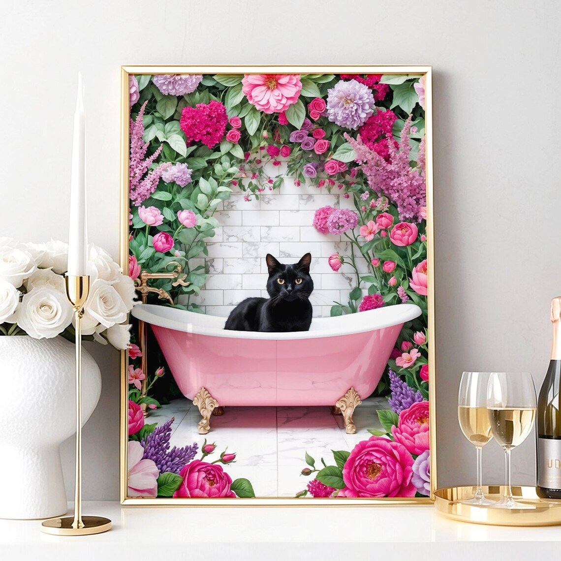 Black Cat Pink Clawfoot Tub Blooming Floral Garden Bathroom Poster - Image 5