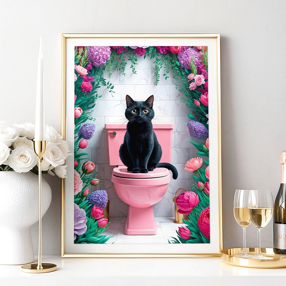 Black Cat Pink Toilet Floral Arch Funny Bathroom Decor Poster - Image 5
