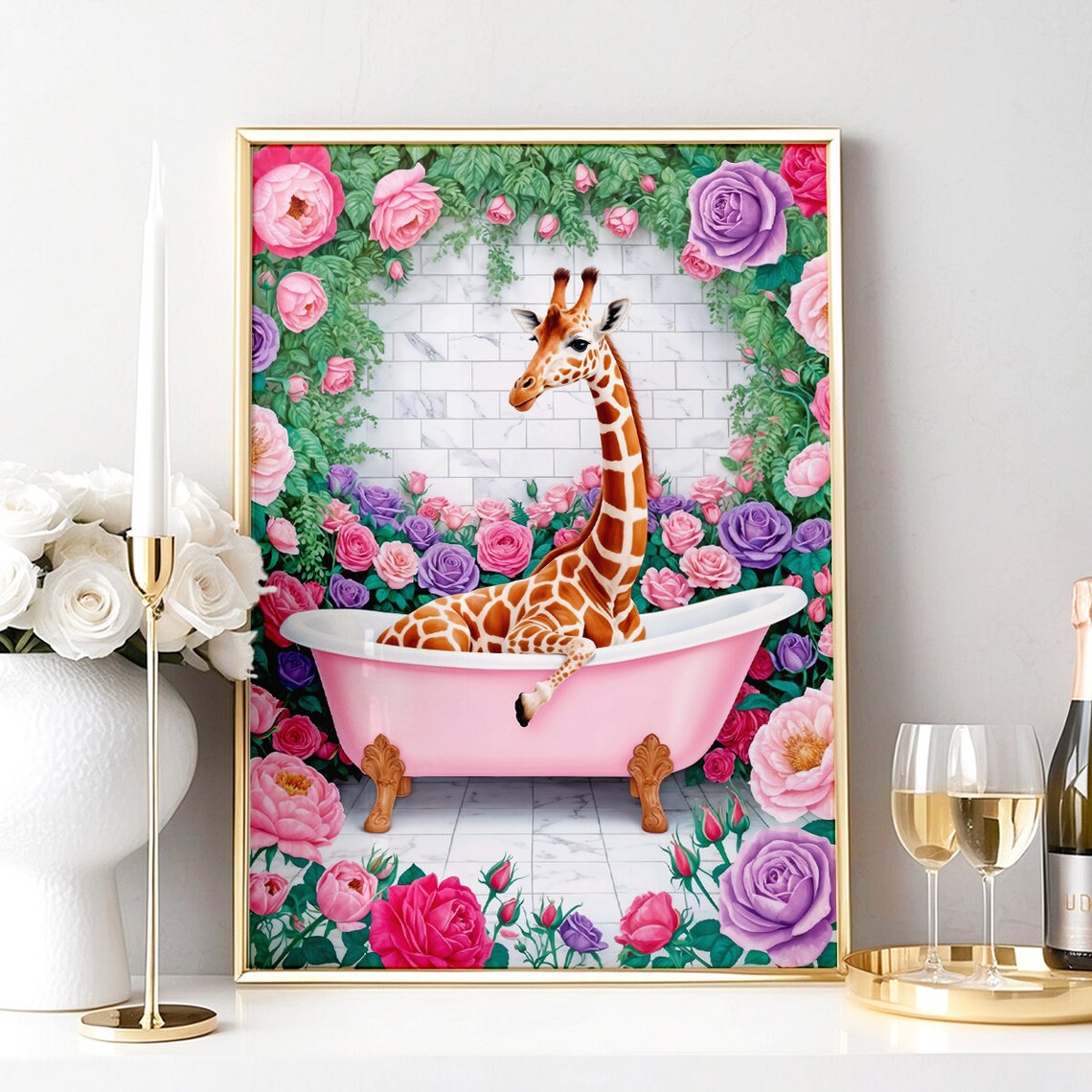 Giraffe Pink Bathtub Roses Funny Maximalist Bathroom Floral Poster - Image 2