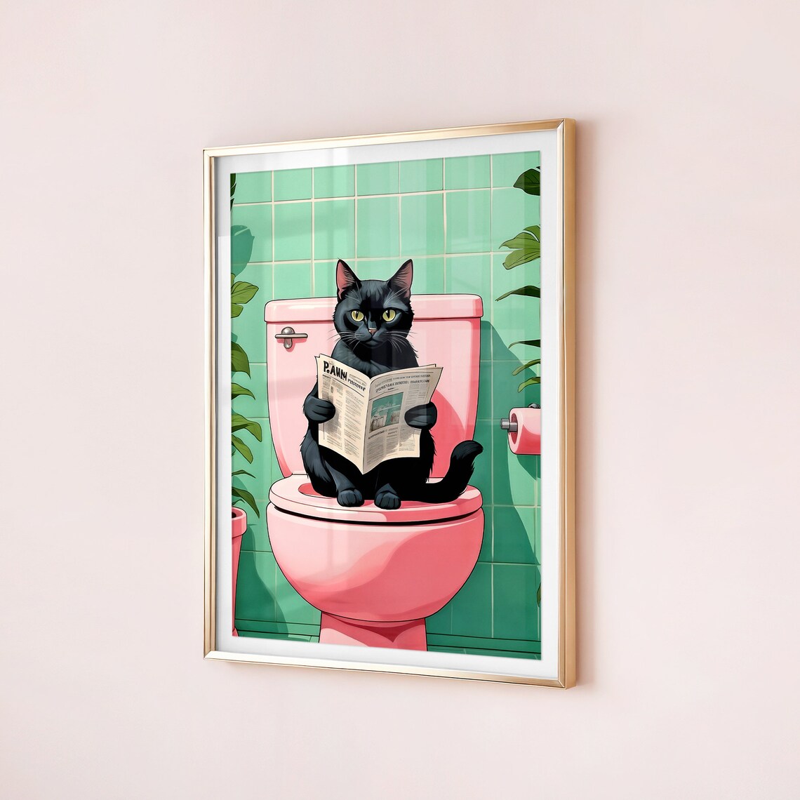 Black Cat Reading Newspaper on Pink Toilet Funny Bathroom Poster - Image 2