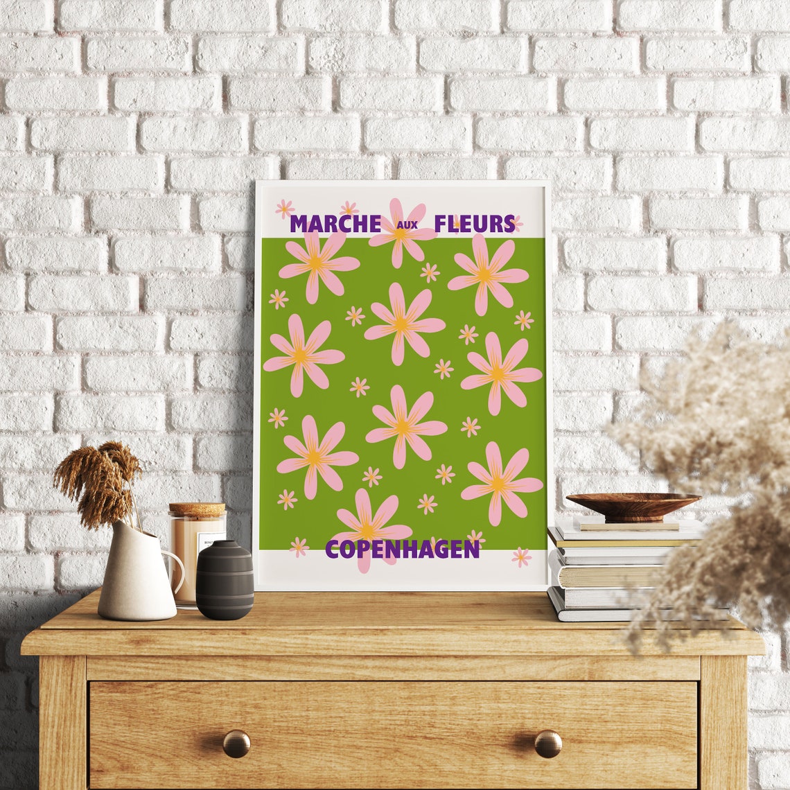 Copenhagen Marche Aux Fleurs Poster Pink Daisies On Green Floral Art - Image 4