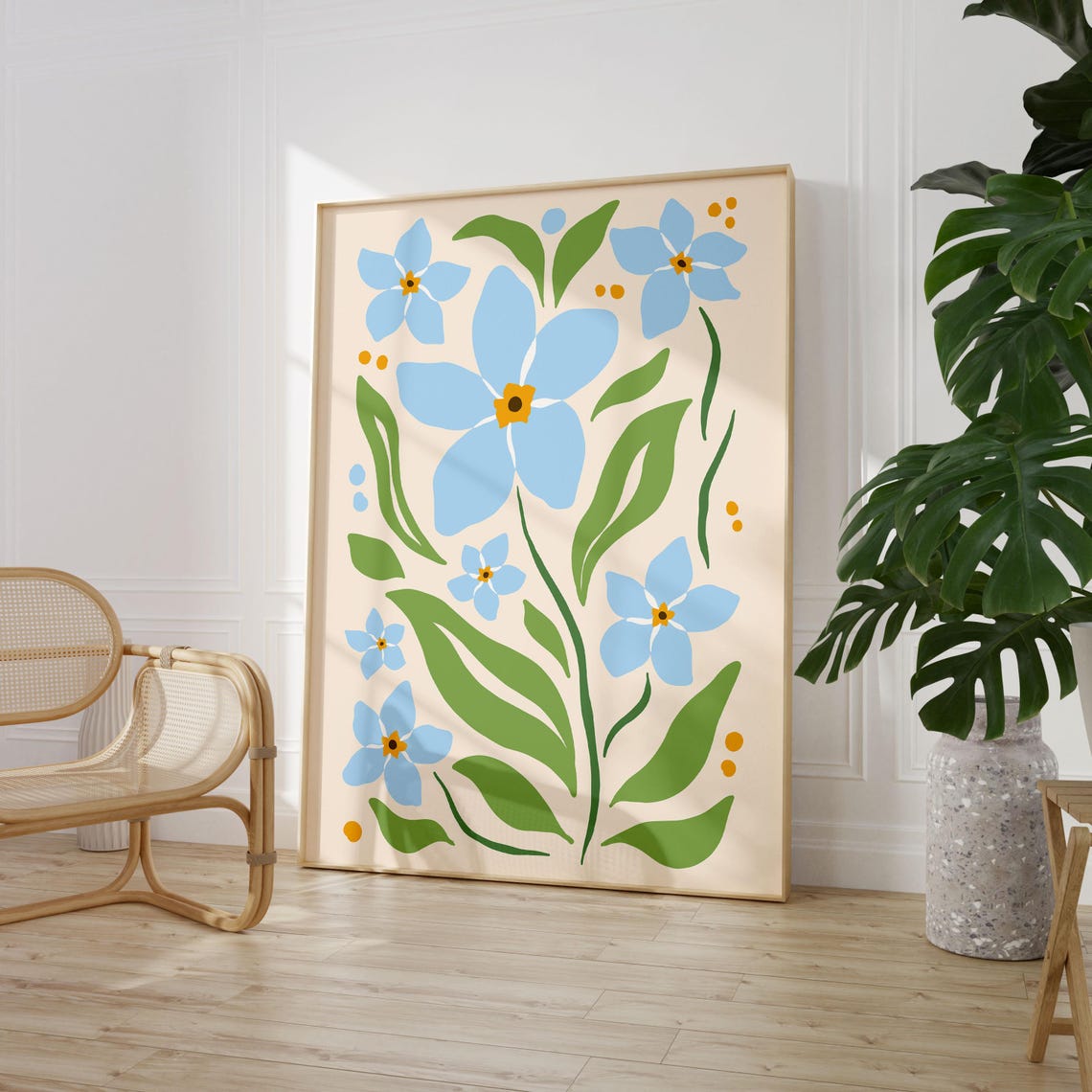 Blue Forget Me Not Flowers on Cream Maximalist Botanical Poster
