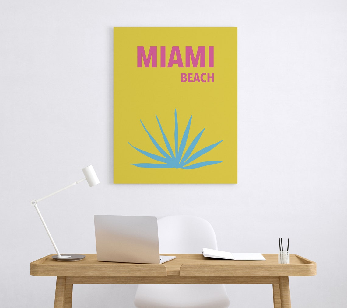 Miami Beach Florida Travel Poster Bold Yellow With Pink Palm Graphic - Image 5