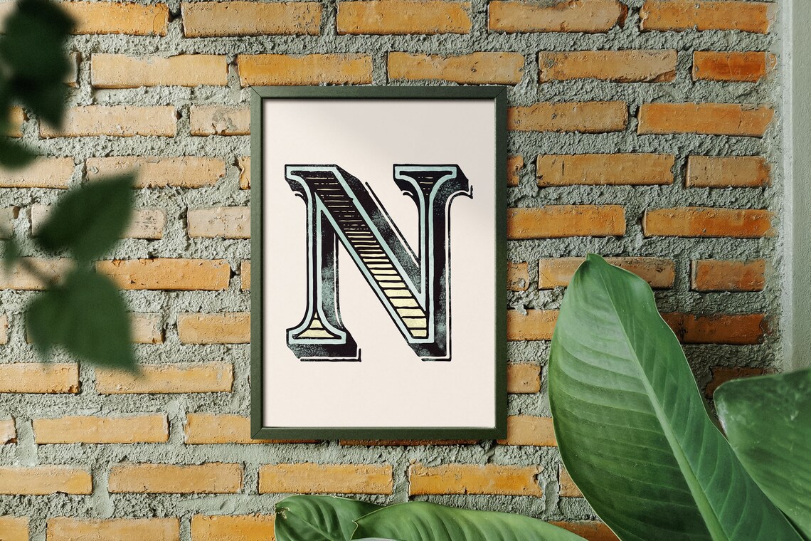 Letter N Mint Black Gold Deco Alphabet Typography Vintage Bedroom Poster - Image 2