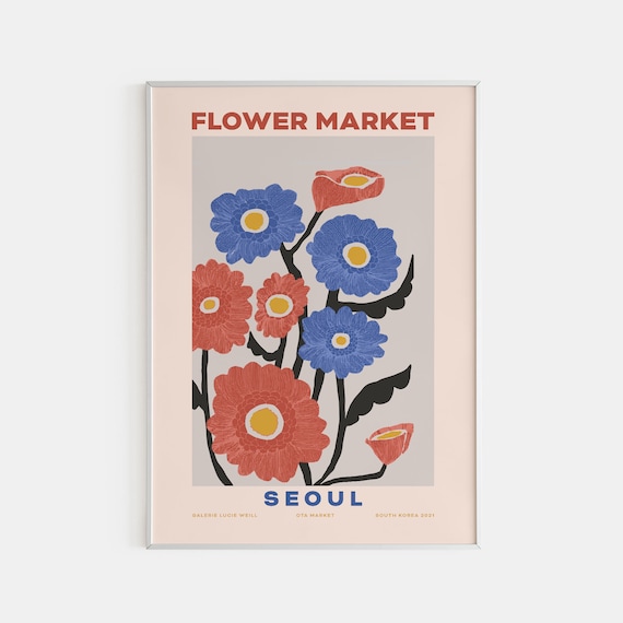Seoul Flower Market Poster Blue Orange Bouquet Modern Botanical Art