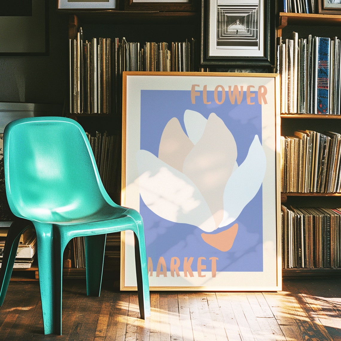 White Tulip Blossom on Periwinkle Blue Retro Flower Market Poster - Image 4