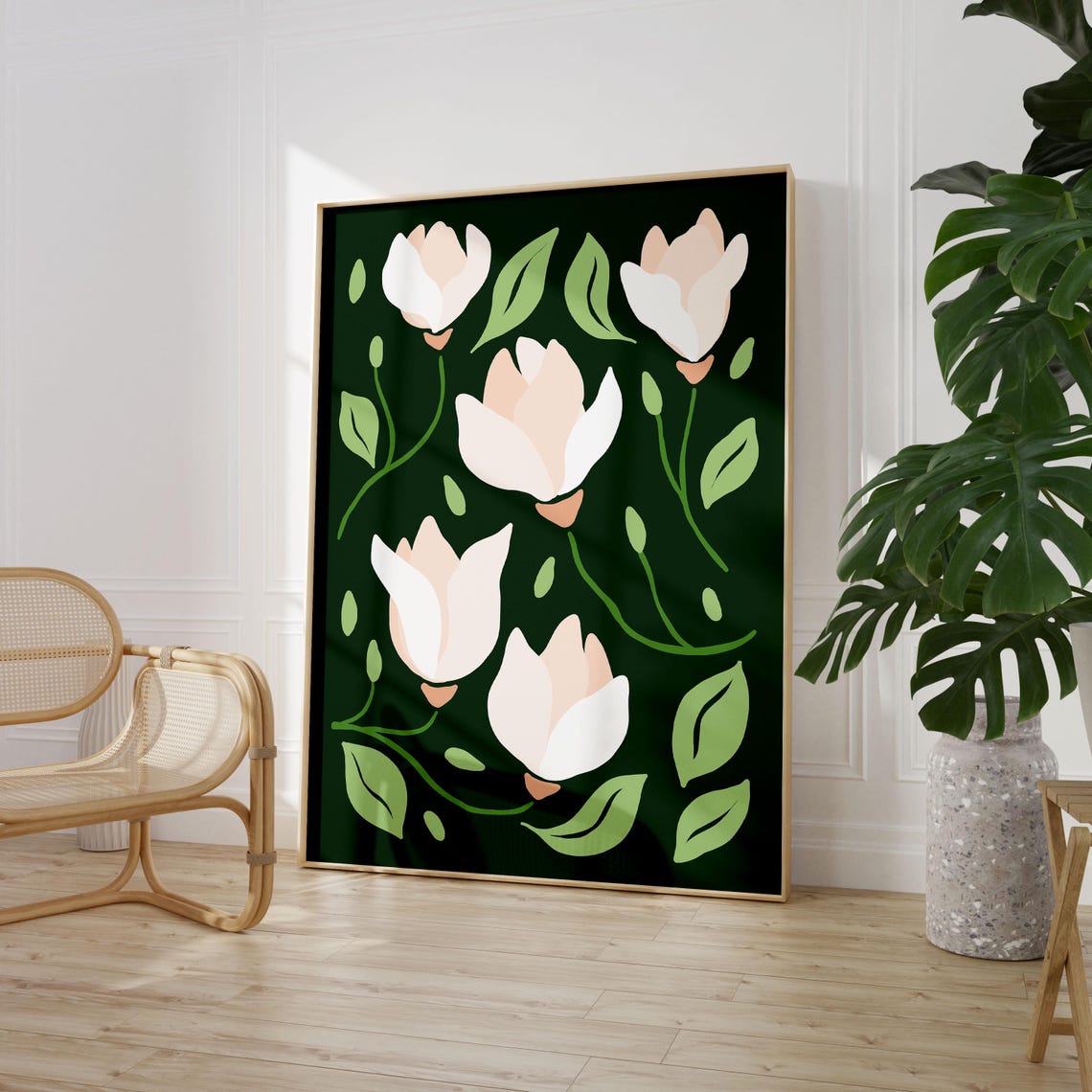 Dramatic White Magnolia Botanical Poster on Dark Green Background
