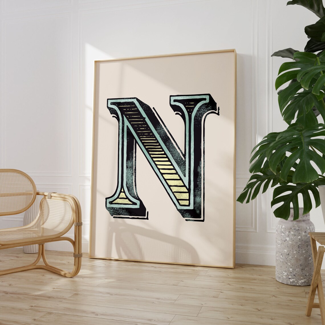 Letter N Mint Black Gold Deco Alphabet Typography Vintage Bedroom Poster