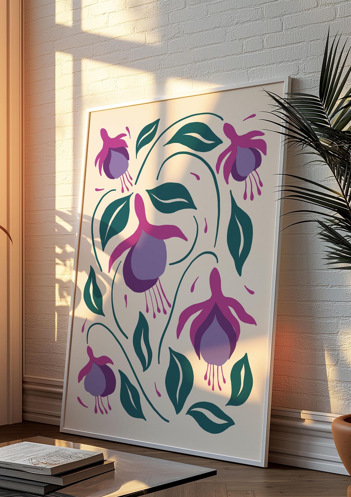 Magenta Fuchsia Blooms on Cream Retro Maximalist Botanical Poster - Image 3