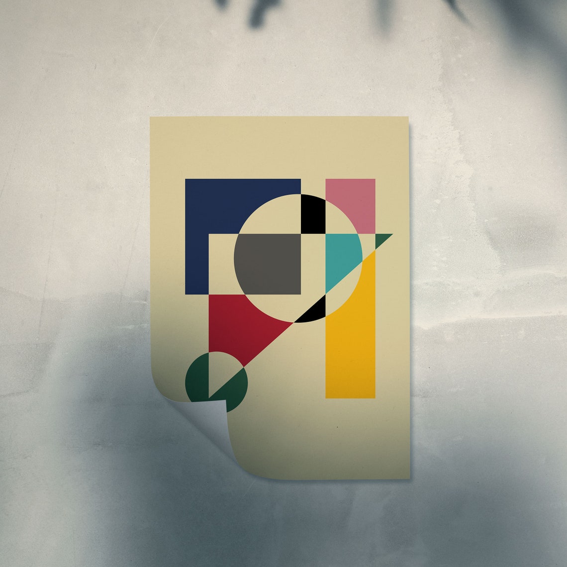 Bauhaus Geometric Abstract Poster Colorful Circles Squares Beige Art - Image 2