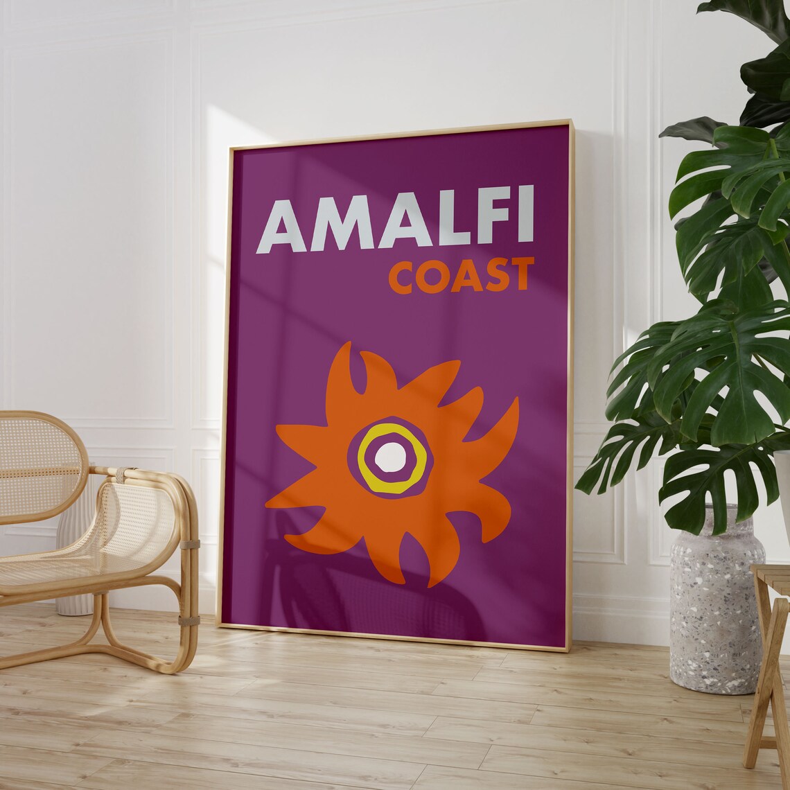 Amalfi Coast Purple Orange Sun Graphic Modern Italy Travel Poster