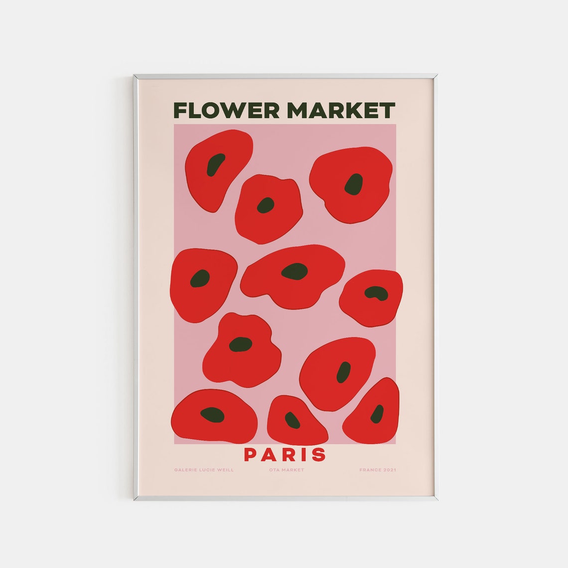Paris Flower Market Poster Red Poppies On Pink Minimalist Floral Art