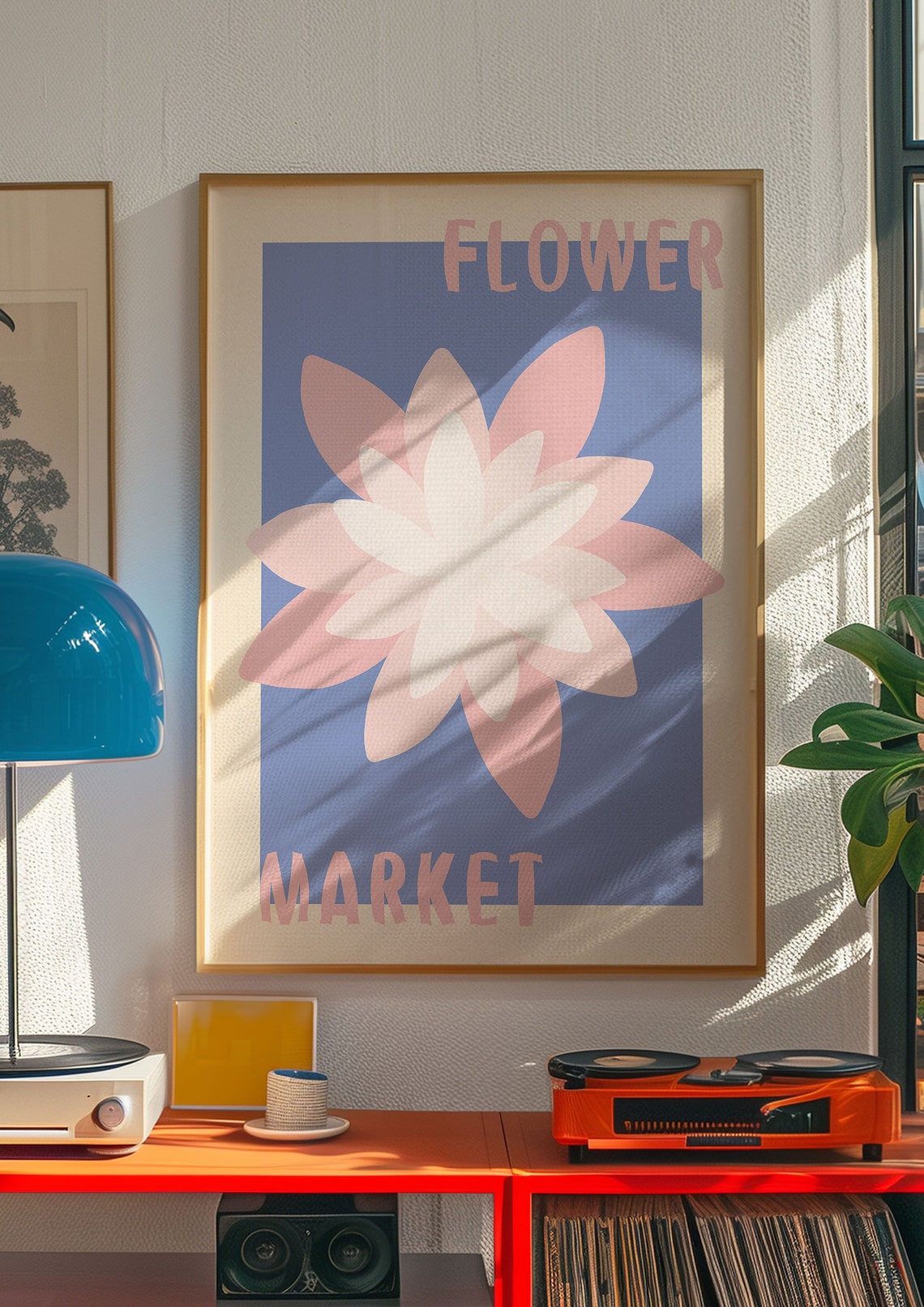 Pink Blossom on Periwinkle Blue Retro Flower Market Art Poster - Image 4