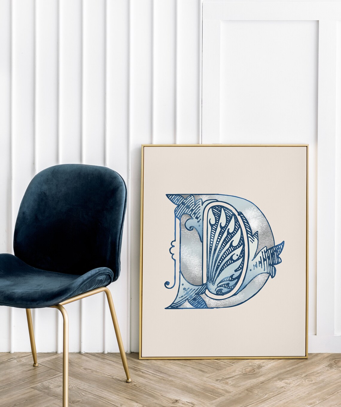Letter D Dusty Blue Seashell Etched Alphabet Typography Beach Decor Poster - Image 3