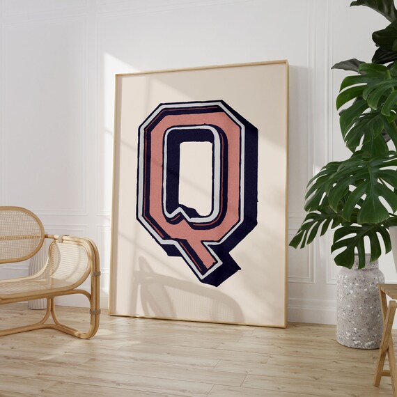 Letter Q Coral Pink Navy Varsity Alphabet Typography Teen Room Decor Poster