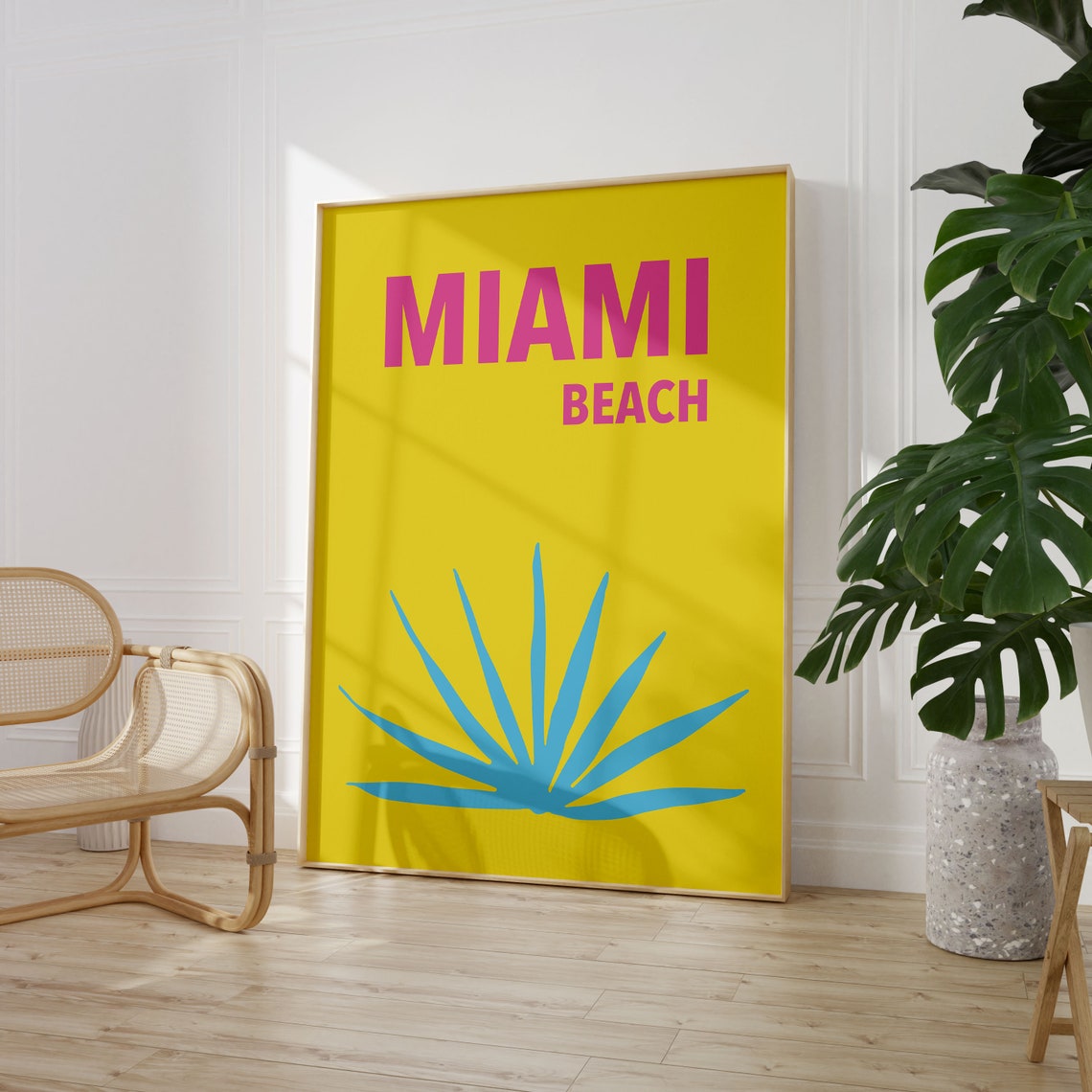 Miami Beach Florida Travel Poster Bold Yellow With Pink Palm Graphic