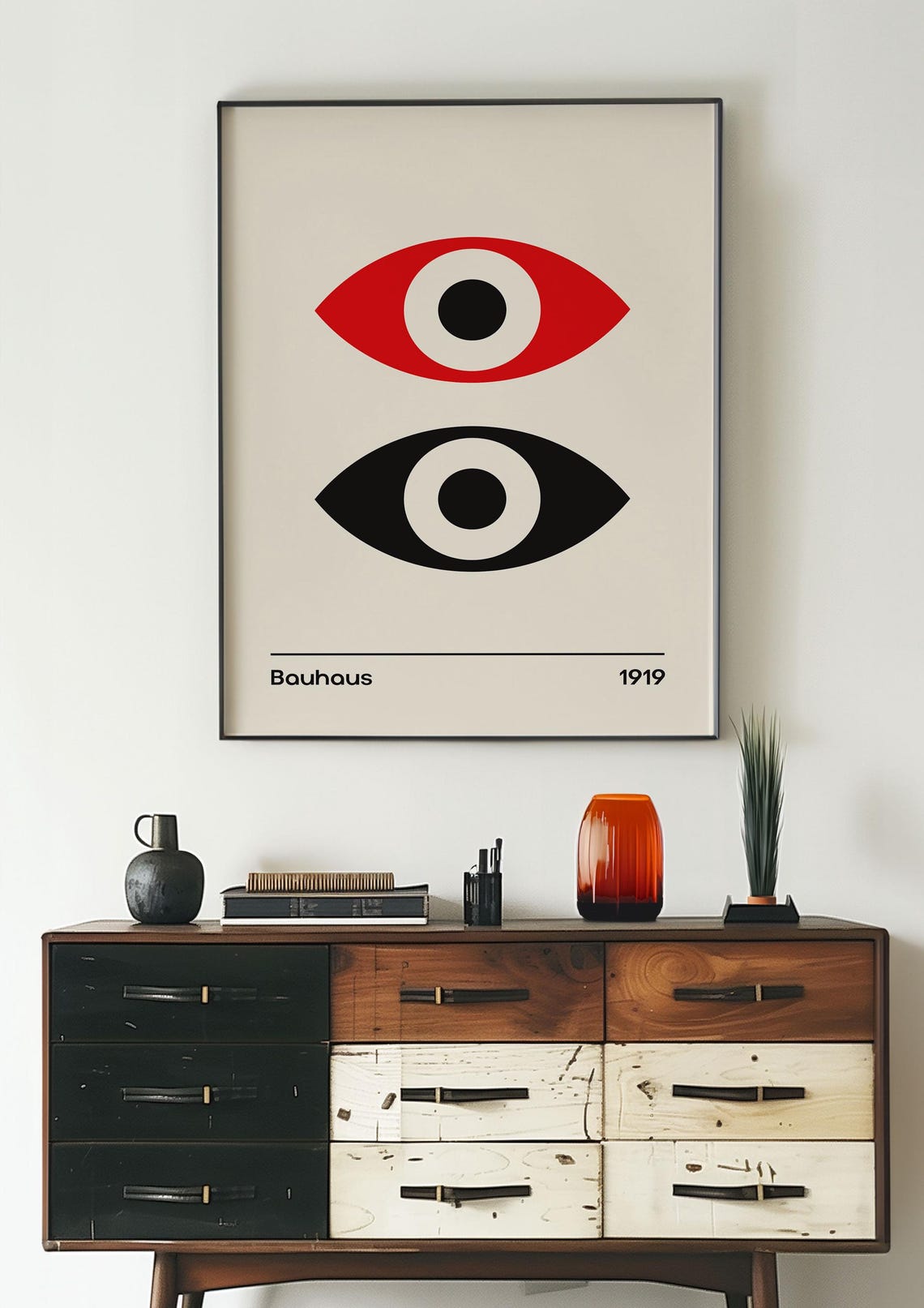 Bauhaus 1919 Double Eye Geometric Poster Red and Black on Cream - Image 3