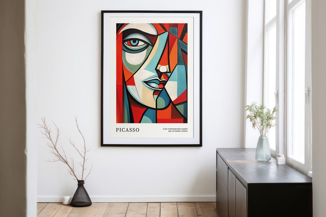 Red and Teal Fragmented Cubist Face in Modernist Picasso Style Poster - Image 4