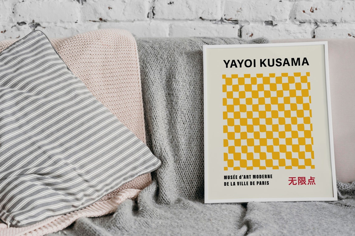 Yayoi Kusama Style Mustard Yellow Checkerboard Sunny Art Poster - Image 4