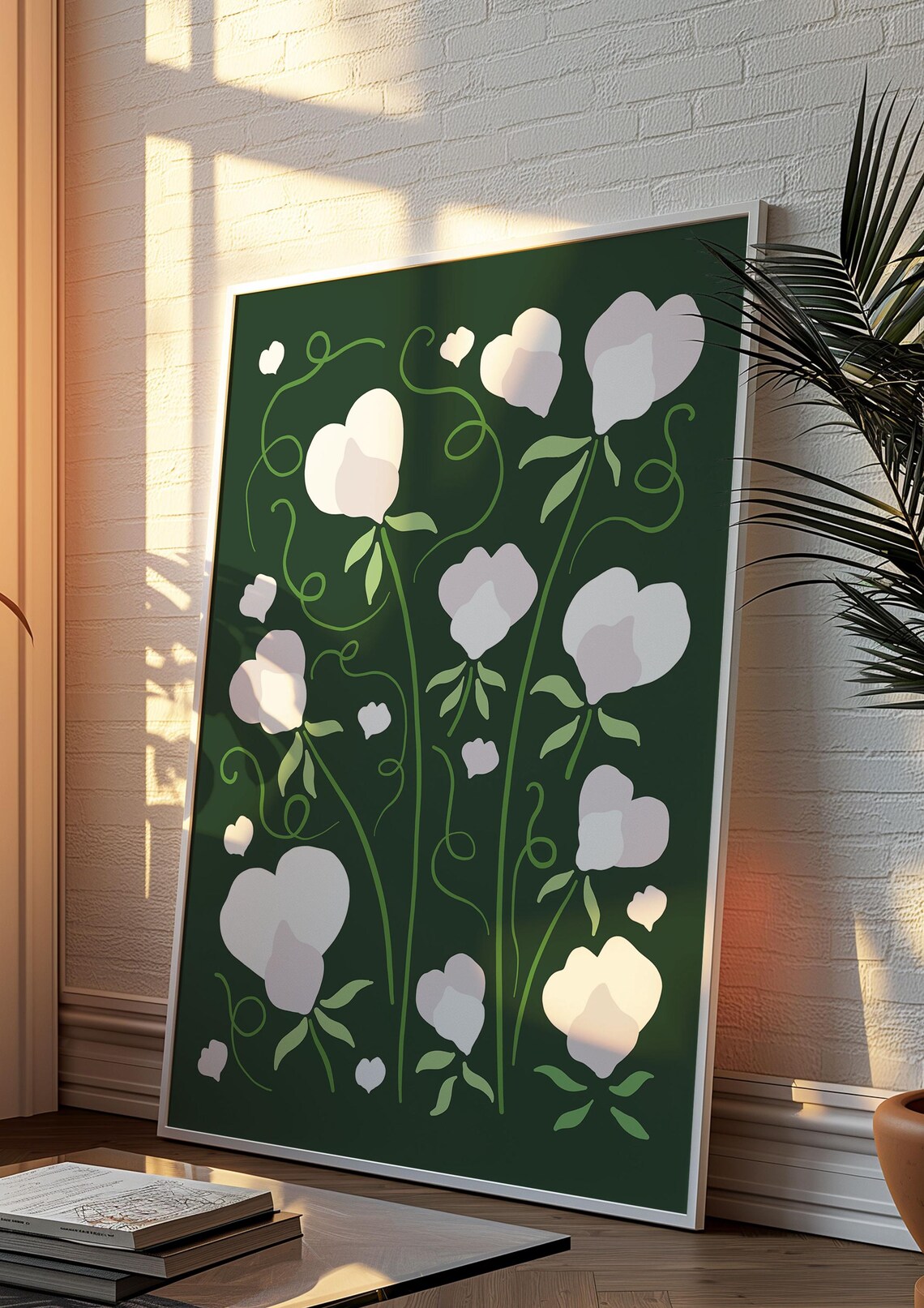 White Sweet Pea Moody Dark Green Botanical Illustration Poster - Image 3