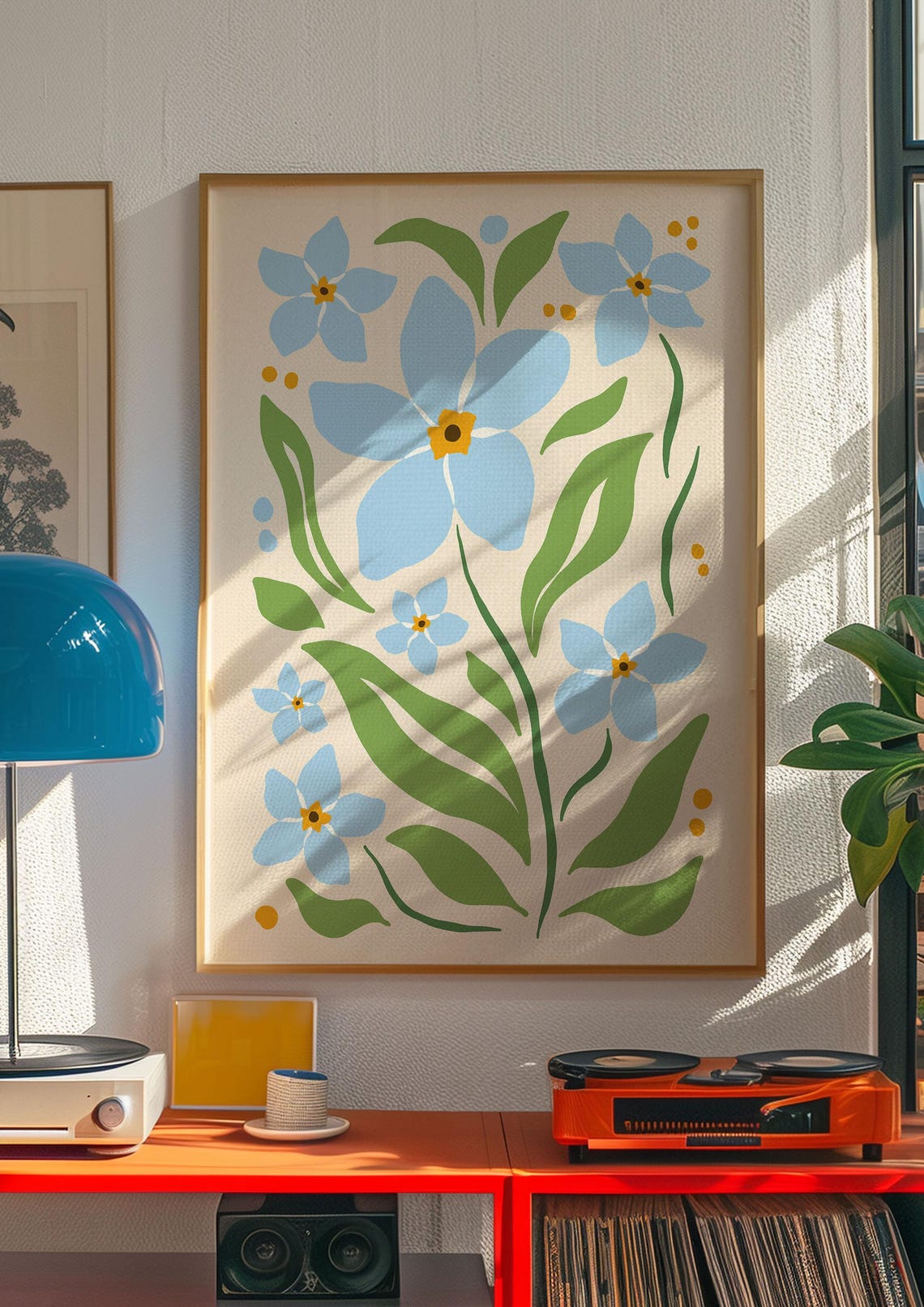 Blue Forget Me Not Flowers on Cream Maximalist Botanical Poster - Image 4