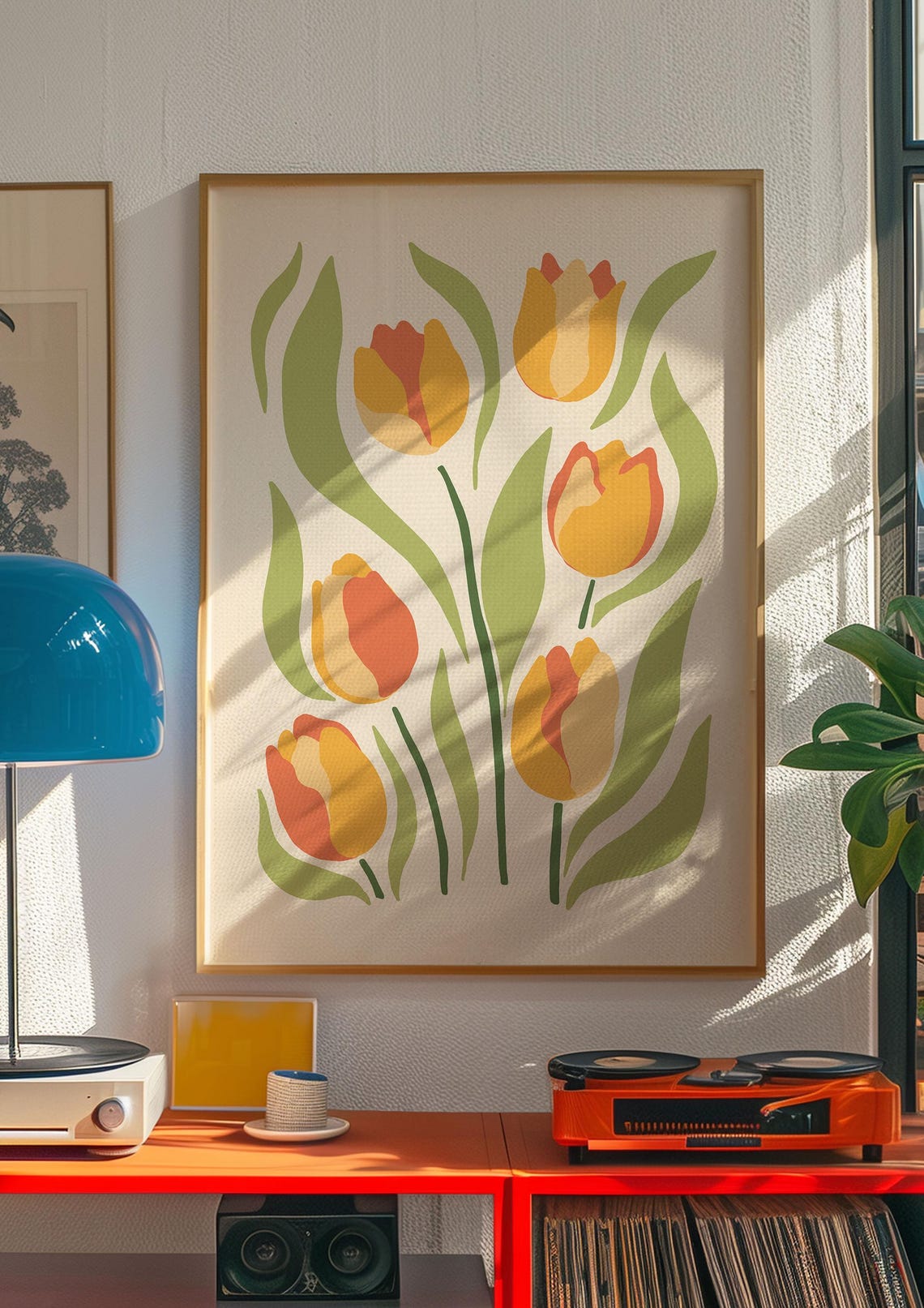 Orange Tulip Botanical Poster with Green Leaves on Cream Background - Image 4