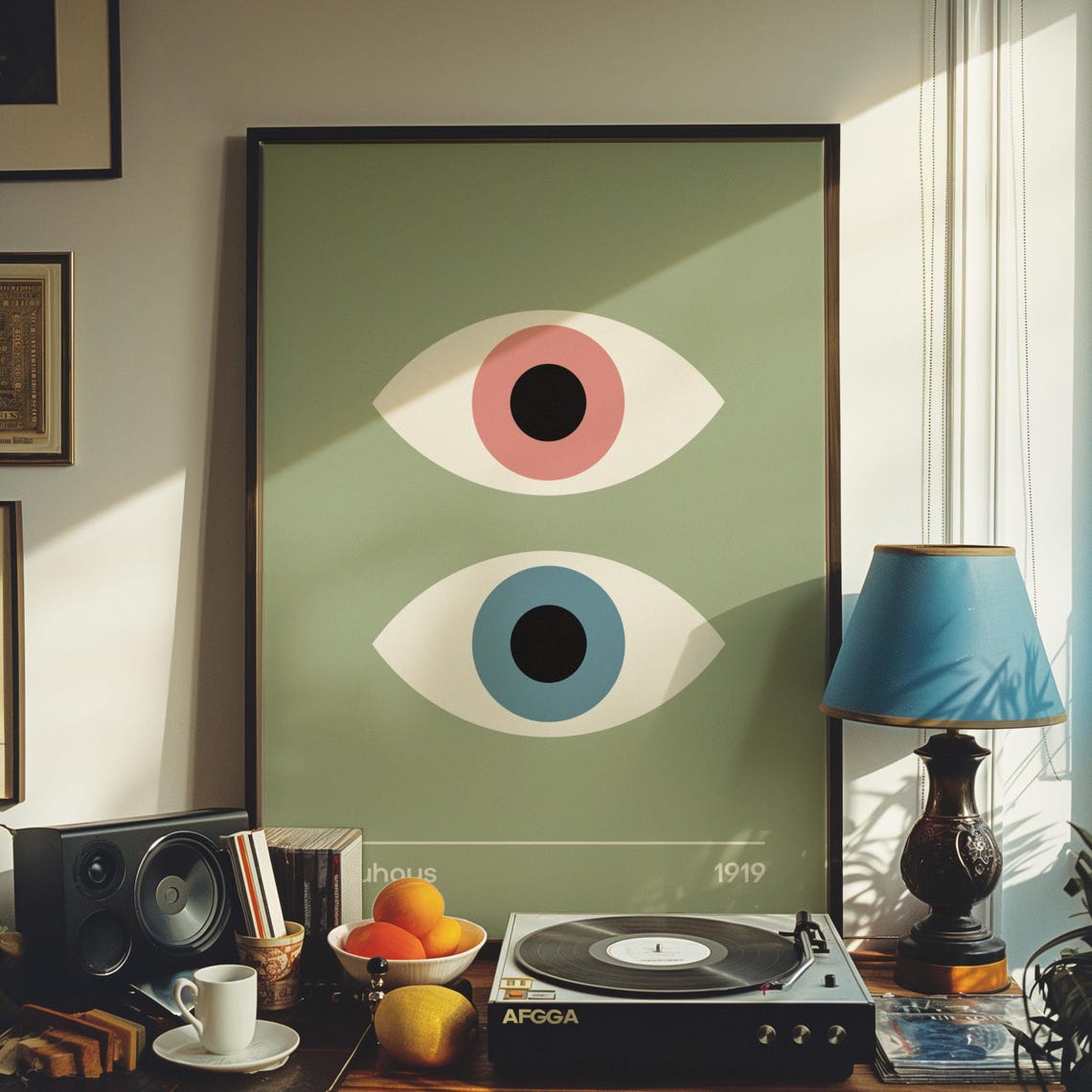 Bauhaus 1919 Double Eye Poster Sage Green with Rose and Blue Iris - Image 4
