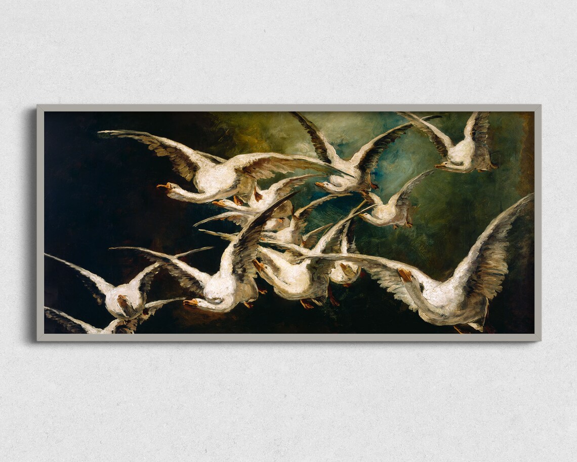 White Geese In Flight Vintage Panoramic Wildlife Oil Painting Wall Art