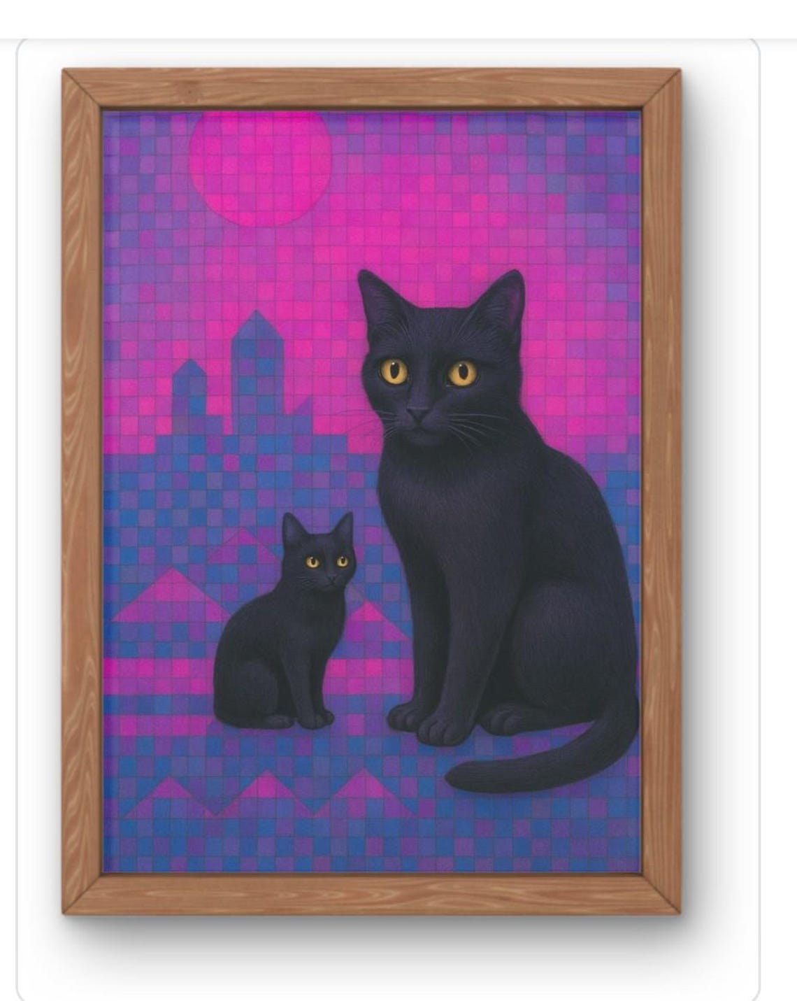 Black Cat and Kitten Purple Mosaic Sunset Whimsical Art Print