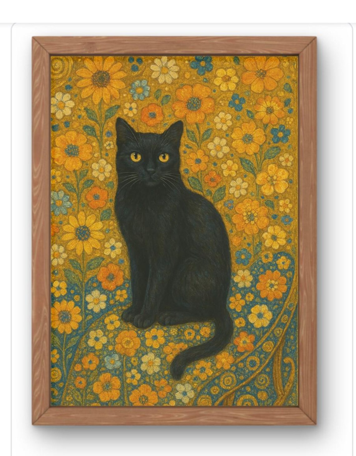 Floral Black Cat Golden Garden Klimt Inspired Feline Art Poster