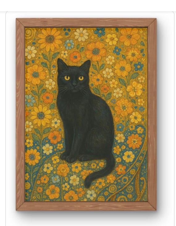 Floral Black Cat Art Print Golden Garden Wall Artklimt Inspired Feline Illustration Whimsical Lover Gift A5a1 Sizes