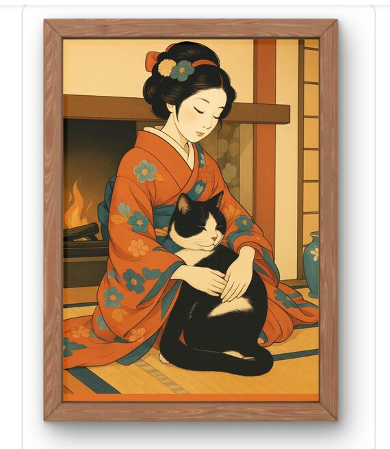 Japanese Woman In Kimono With Cat Cozy Ukiyoe Style Art Poster