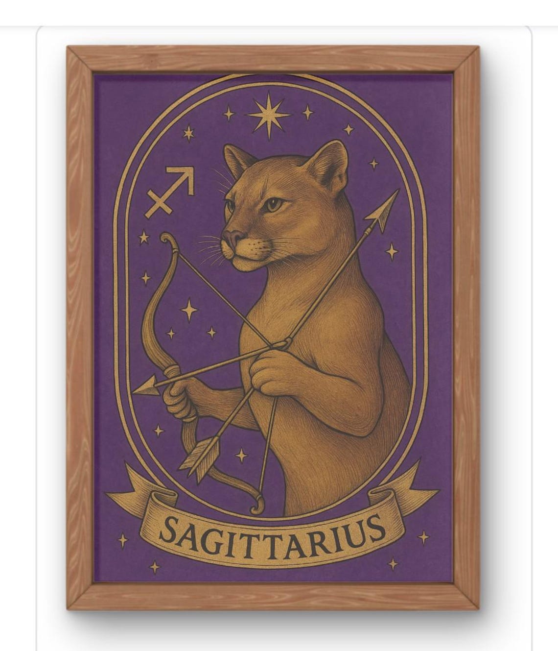 Sagittarius Zodiac Cougar Archer Purple Gold Celestial Wall Art